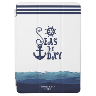 Nautical Anchor SEAS THE DAY Watercolor Waves Navy iPad Air Cover