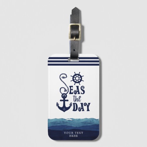 Nautical Anchor SEAS THE DAY Watercolor Waves Navy Luggage Tag