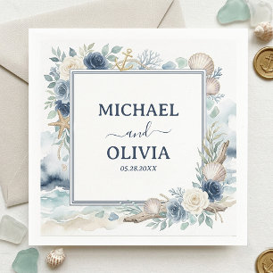 Nautical Anchor Seashell Blue Floral Ocean Wedding Napkins
