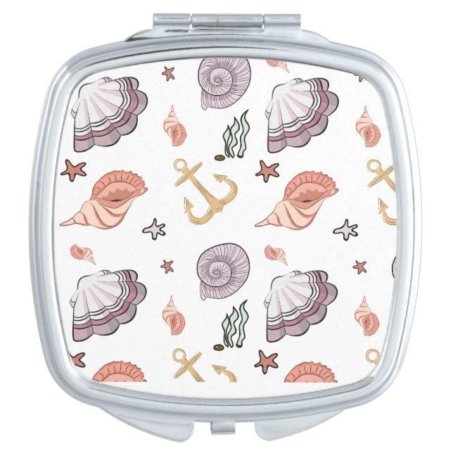 Nautical Anchor Seashells & Starfish Pink Lilac  Compact Mirror (Front)
