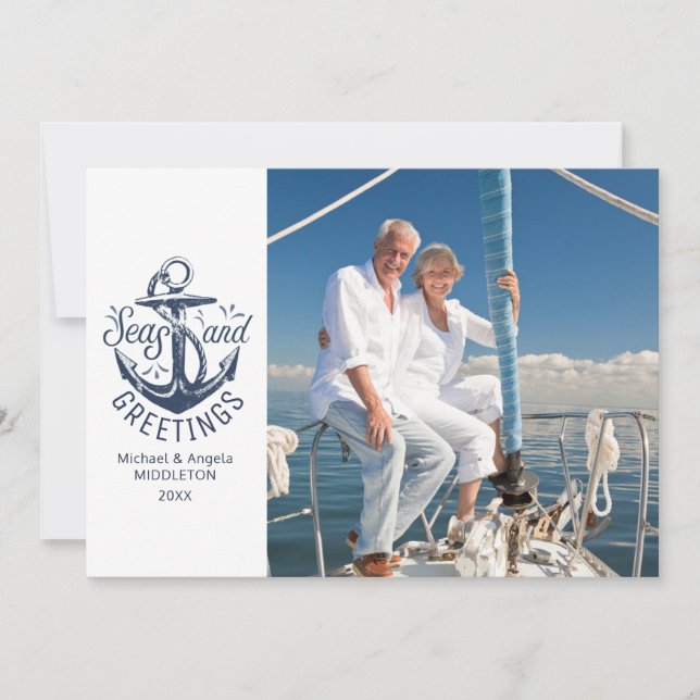 Nautical Anchor SEAsons Greetings 2 Photo Holiday Card (Front)