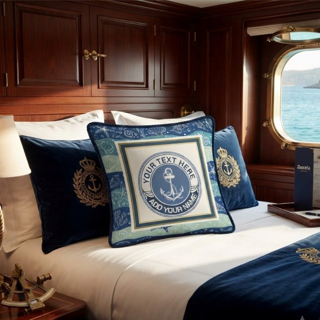 Nautical Anchor & Shells Monogram Navy Teal Throw Pillow (Creator Uploaded)