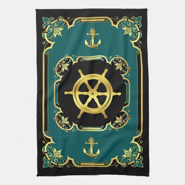 Nautical anchor/ship wheel gilded black/gold/aqua kitchen towel (Vertical)