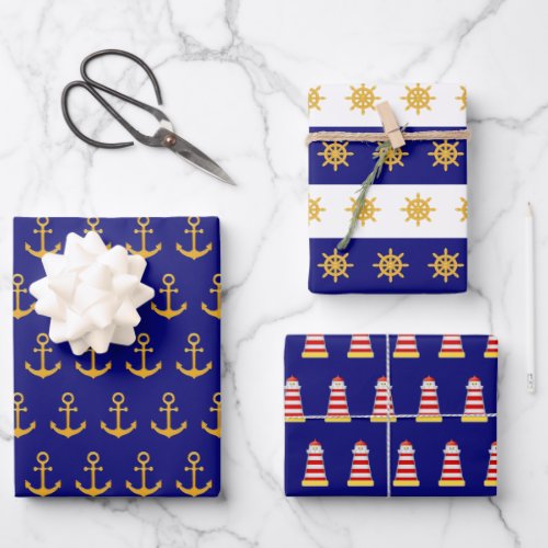 Nautical anchor  ship wheel pattern on navy blue  wrapping paper sheets
