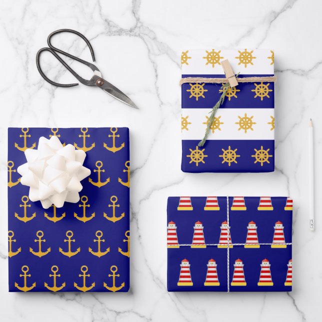 Nautical anchor & ship wheel pattern on navy blue  wrapping paper sheets (Front)