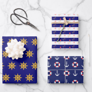 Nautical anchor & ship wheel pattern on navy blue wrapping paper sheets