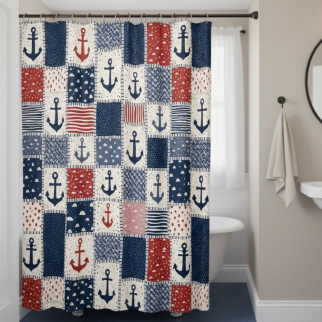 Nautical Anchor Shower Curtain (nautical anchor patchwork navy blue red white shower curtain)
