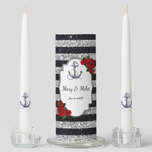 Nautical Anchor Silver Black Stripe Wedding Unity Candle Set