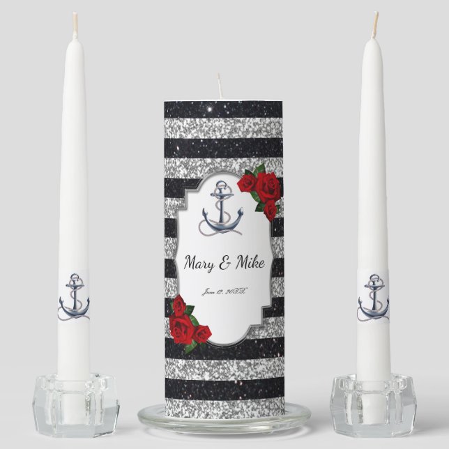 Nautical Anchor Silver Black Stripe Wedding Unity Candle Set (Front)