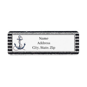 Nautical Anchor Silver Black Stripes Address Label
