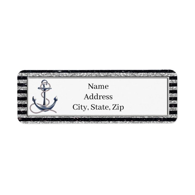 Nautical Anchor Silver Black Stripes Address Label (Front)
