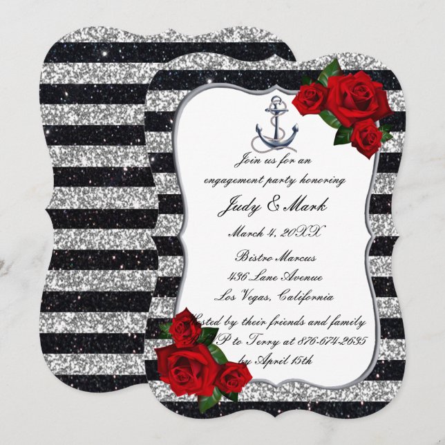 Nautical Anchor Silver Black Stripes Engagement Invitation (Front/Back)