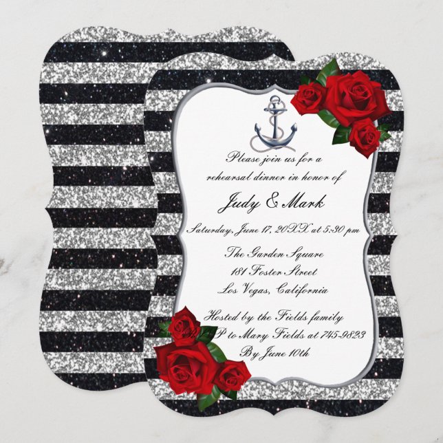 Nautical Anchor Silver Black Stripes Rehearsal Invitation (Front/Back)