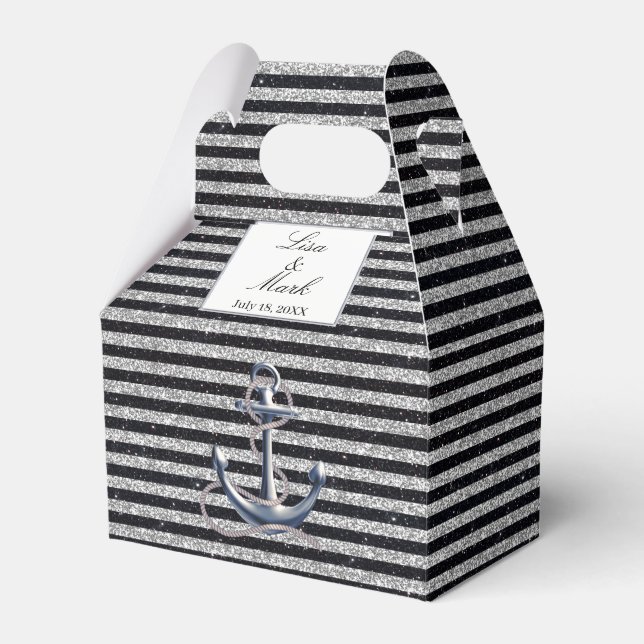 Nautical Anchor Silver Black Stripes Wedding Favor Boxes (Front Side)