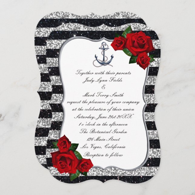 Nautical Anchor Silver Black Stripes Wedding Invitation (Front/Back)