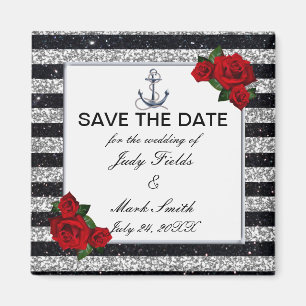 Nautical Anchor Silver Black Stripes Wedding Magnet
