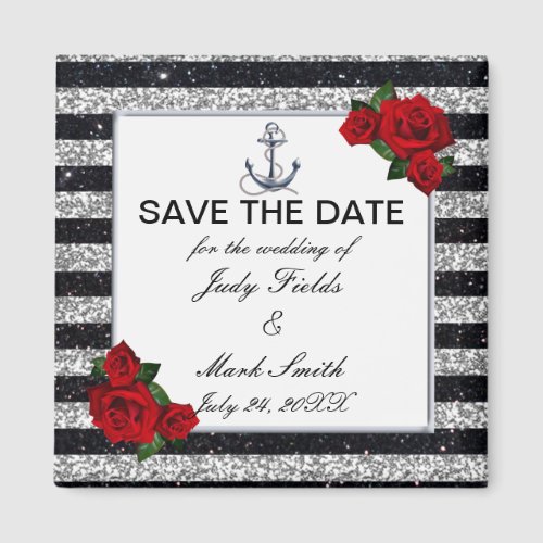 Nautical Anchor Silver Black Stripes Wedding Magnet