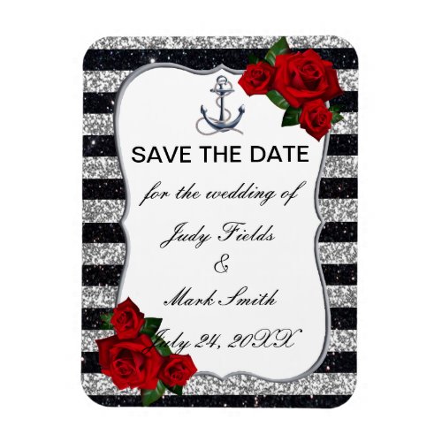 Nautical Anchor Silver Black Stripes Wedding Magnet