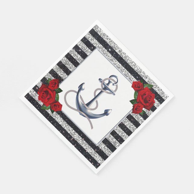 Nautical Anchor Silver Black Stripes Wedding Napkins (Corner)
