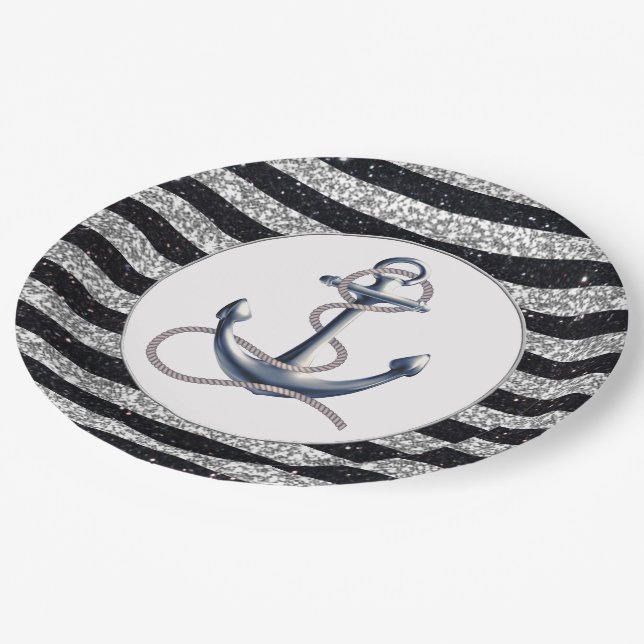 Nautical Anchor Silver Black Stripes Wedding Paper Plates (Angled)