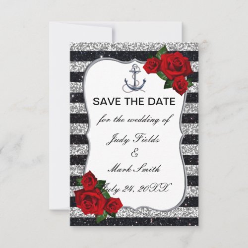 Nautical Anchor Silver Black Stripes Wedding RSVP Card