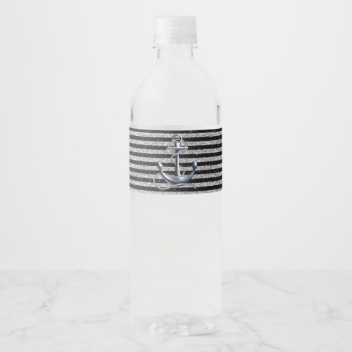 Nautical Anchor Silver Black Stripes Wedding Water Bottle Label