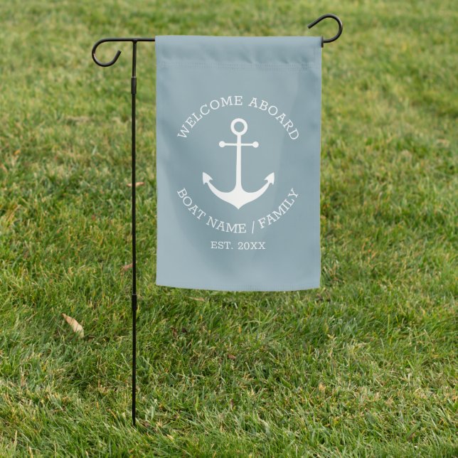 Nautical anchor slate blue Welcome Aboard custom Garden Flag (In SItu)