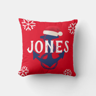 nautical ANCHOR + SNOWFLAKES with SANTA HAT   Throw Pillow