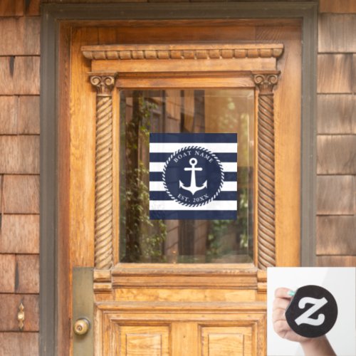 Nautical Anchor Square Navy Blue  White Boat Name Window Cling