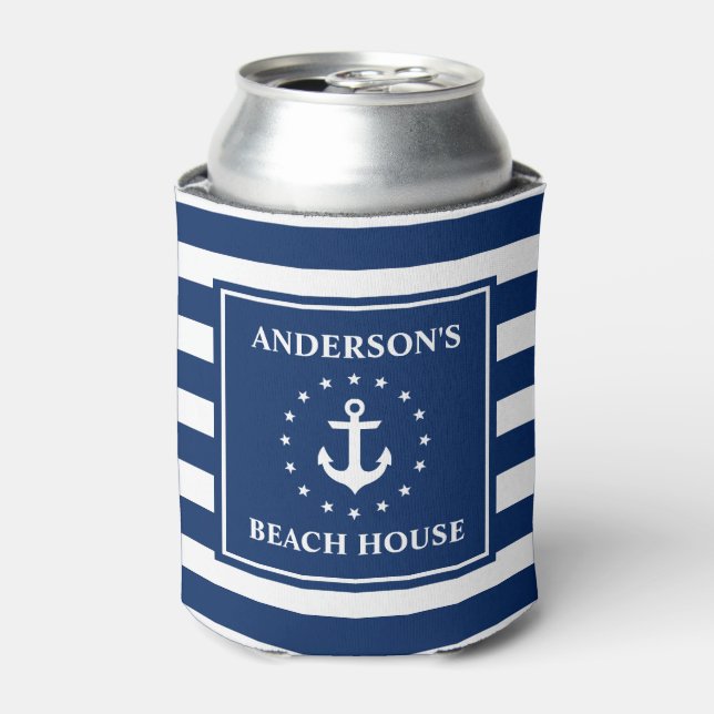 Nautical Anchor Stars Blue Striped Beach House Can Cooler (Can Front)