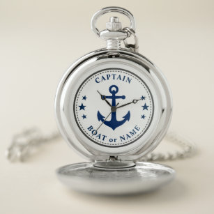 Nautical Anchor Stars Captain Boat Name Blue White Pocket Watch