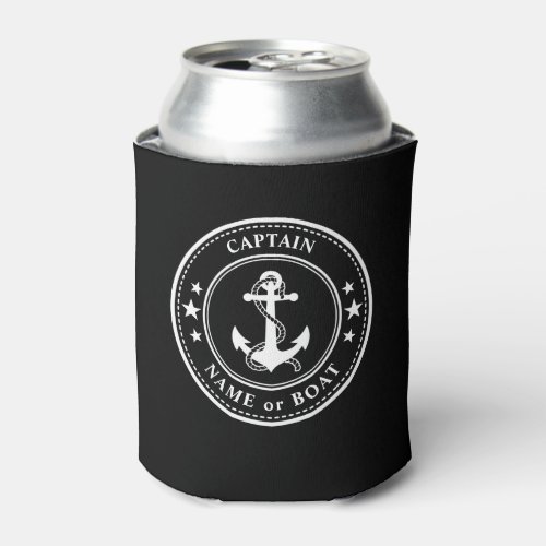 Nautical Anchor Stars Captain Boat or Name Black Can Cooler