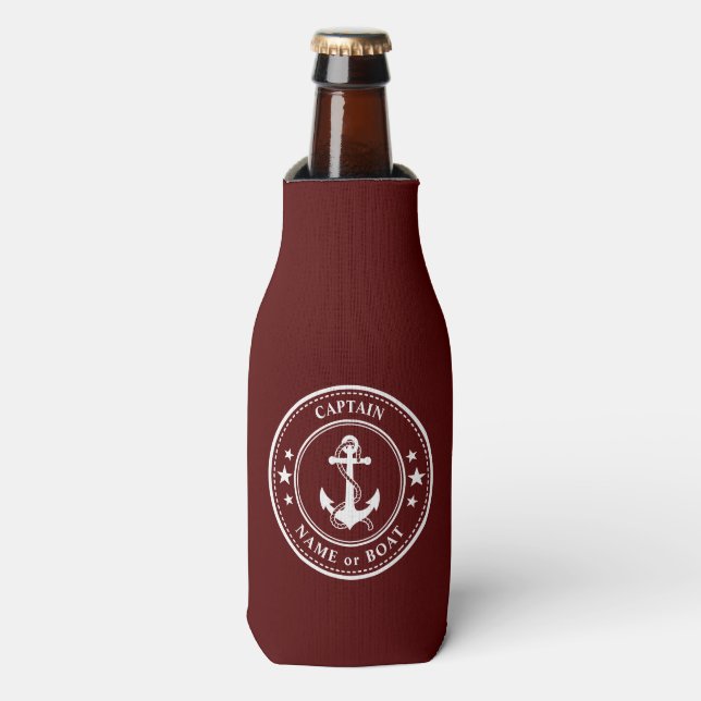 Nautical Anchor Stars Captain Boat or Name Red Bottle Cooler (Bottle Front)