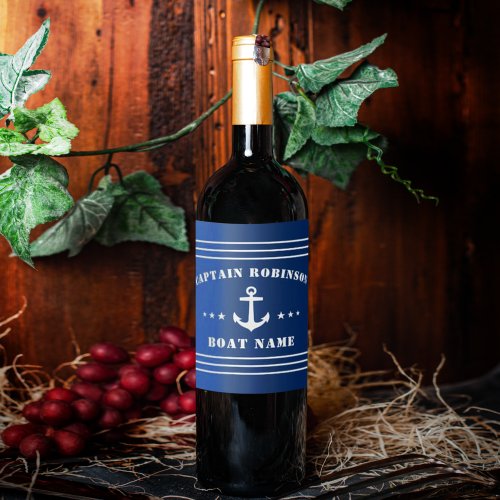 Nautical Anchor Stars Captain Name and Boat Navy Wine Label
