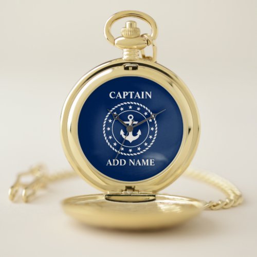 Nautical Anchor Stars Captain Name Navy Blue Gold Pocket Watch