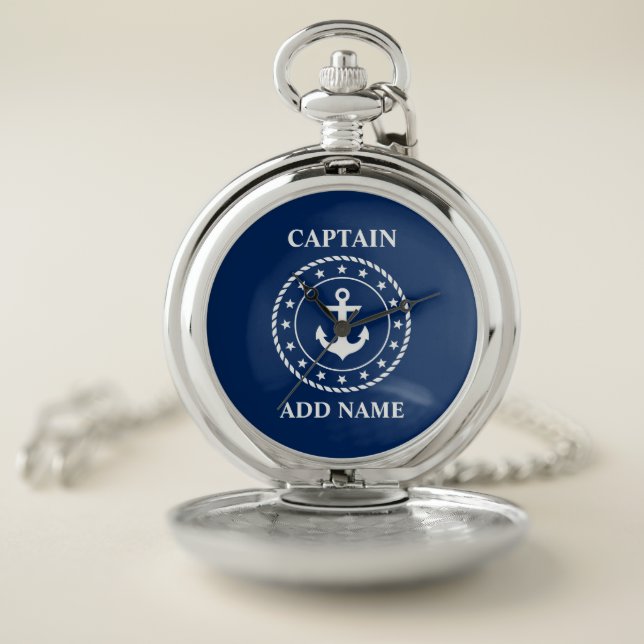 Nautical Anchor Stars Captain Name Navy Blue Pocket Watch (Inside)