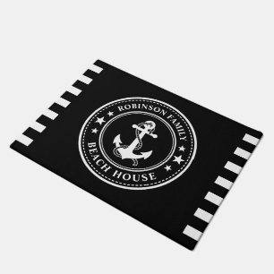 Nautical Anchor Stars Family Beach House Black Doormat