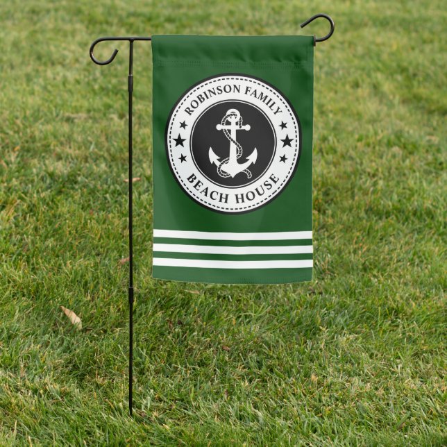 Nautical Anchor Stars Family Beach House Green Garden Flag (In SItu)
