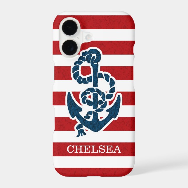 Nautical Anchor Stripe Pattern and Name Iphone Case (Back)