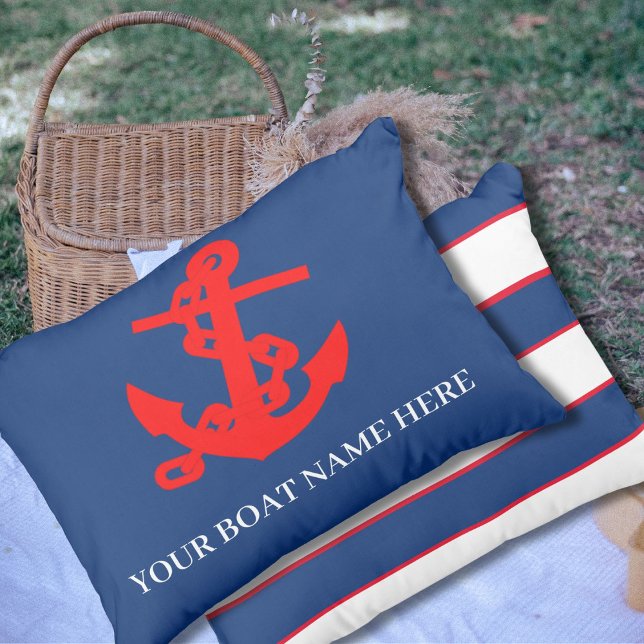 Nautical Anchor Stripe Red Blue Boat Beach House   Outdoor Pillow (Creator Uploaded)