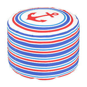 Nautical anchor stripe red white blue round pouf