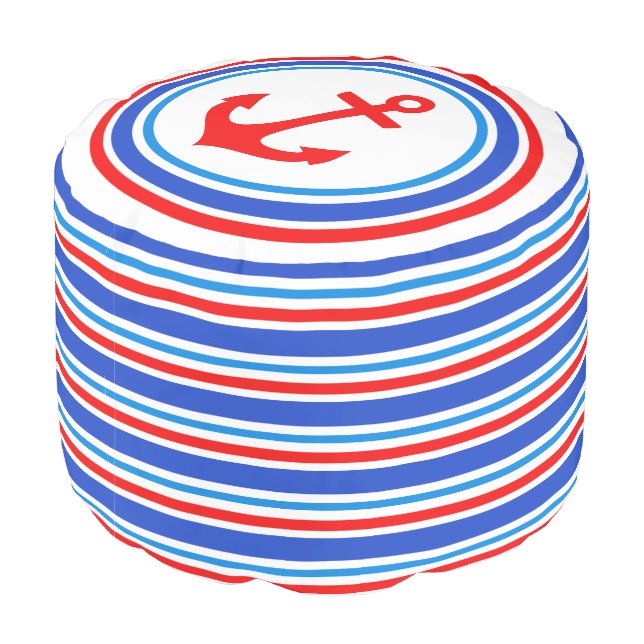 Nautical anchor stripe red white blue round pouf (Angled Back)