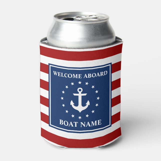 Nautical Anchor Striped Boat Name Stars Can Cooler (Can Front)