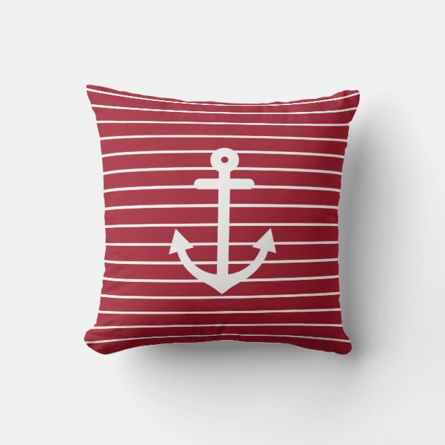 Nautical Anchor Striped Red Throw Pillow (Front)