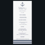 Nautical Anchor & Striped Wedding Dinner Menu Card<br><div class="desc">Gorgeous and elegant design printed Nautical Anchor & Striped Wedding Dinner Menu Cards that can be customized with your text. Check out the Graphic Art Design store for other products that match this design!</div>