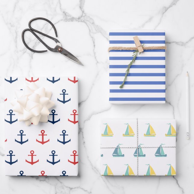 Nautical Anchor, Stripes and Sailboat  Wrapping Paper Sheets (Front)