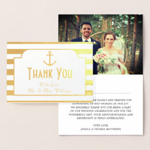 Nautical Anchor Stripes Photo Wedding Thank You Foil Card
