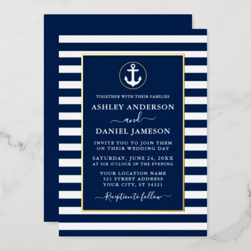 Nautical Anchor Stripes Wedding Blue Gold Foil Invitation