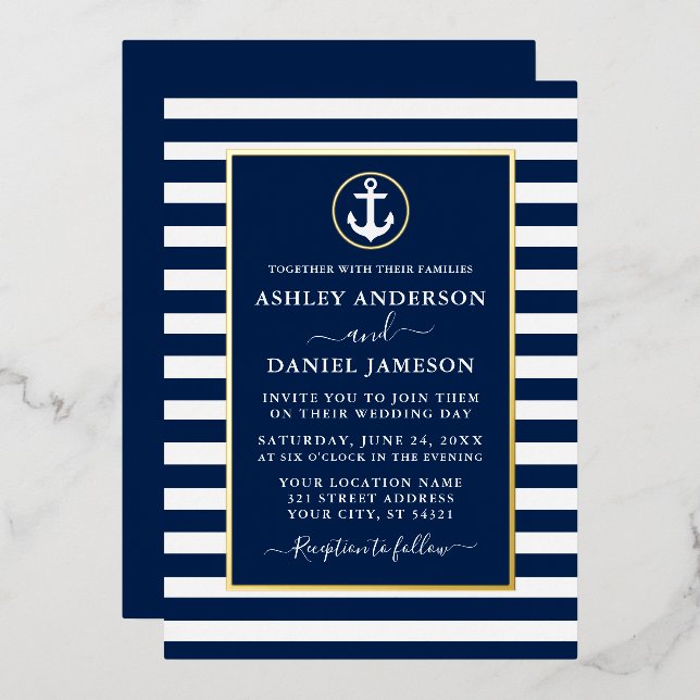 Nautical Anchor Stripes Wedding Blue Gold Foil Invitation (Front/Back)
