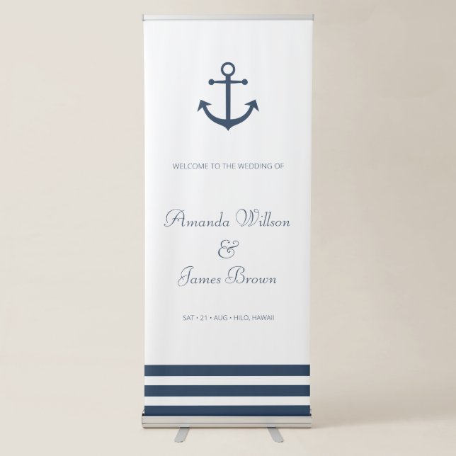 Nautical Anchor Stripes Wedding Welcome Retractable Banner (Front)